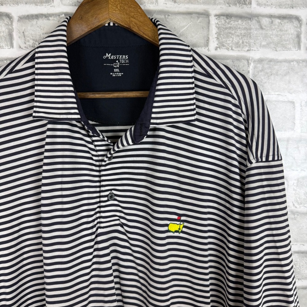 Masters Tech Mens XXL Golf Polo Shirt Striped Dark Blue White Performance Logo
